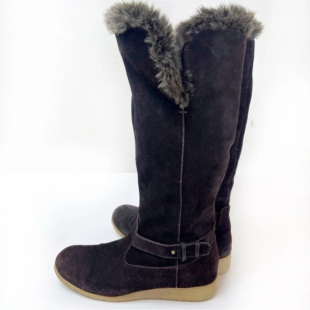 Lands End Mendota Suede Tall Boots Faux Fur 7 Leather Chocolate Brown Cabincore